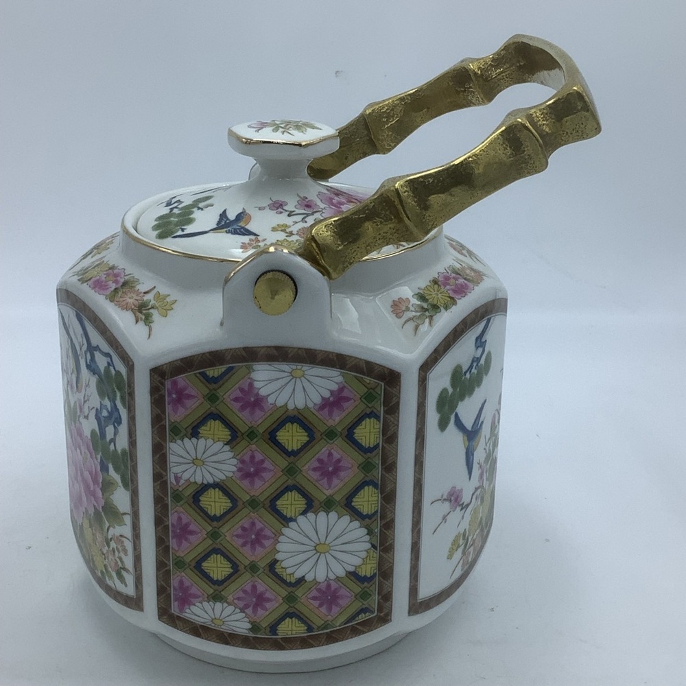 Homco Japan Asian Floral Six Sided Ceramic  Tea Pot with Metal Handle - Picture 2 of 9